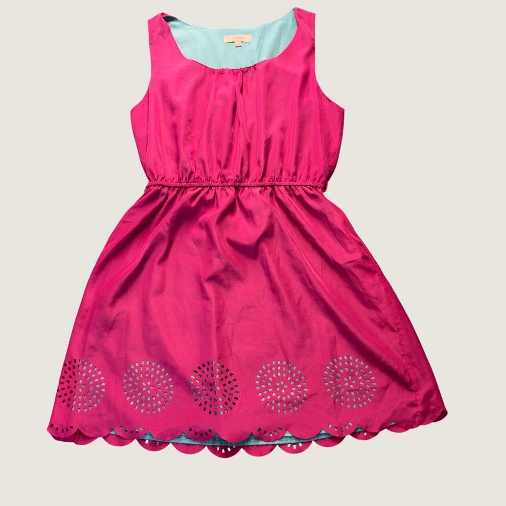 Sleeveless Dress L Laser Cut Scalloped Hem Pockets Pink Mini